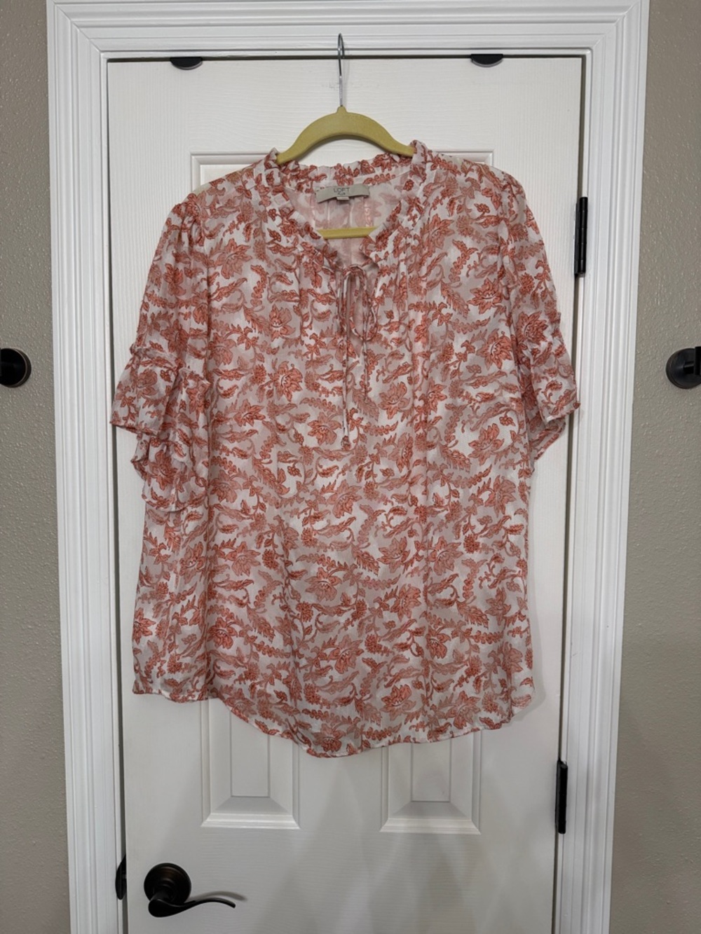 Lightweight Floral Tie-Neck Blouse in Rust/ coral/pink - Women Tops